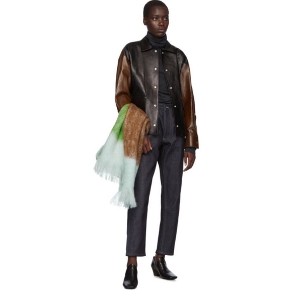 JIL SANDER Color Block Green Tan Blue Mohair Wool Warm Scarf - Picture 4 of 8